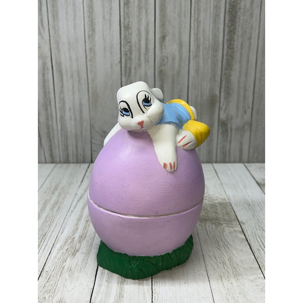 Vintage Ceramic Bunny Easter Rabbit Laying On Purple Egg Trinket Box Big Eye